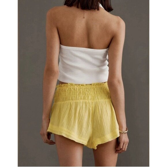 Anthropologie smocked gauze shorts XL yellow Pull On Cotton Elastic Waist NWT - Picture 2 of 14